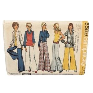 VTG Simplicity 5589 Sewing Pattern 1970s Miss 12 Bell Bottom Pants Shirt Top Cut